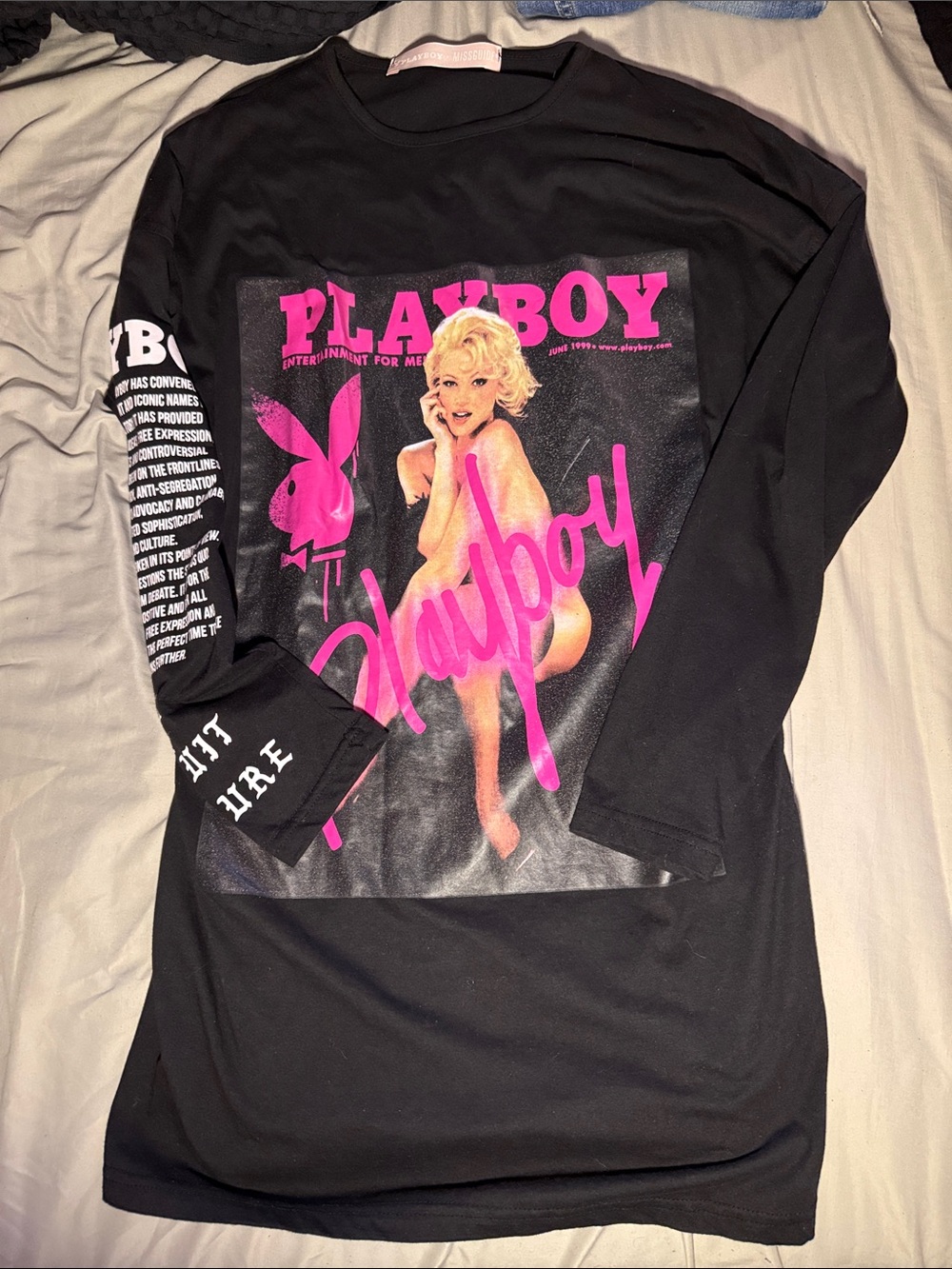 PLAYBOY Black Long-Sleeve Tee with Pink Graphic Pin-Up